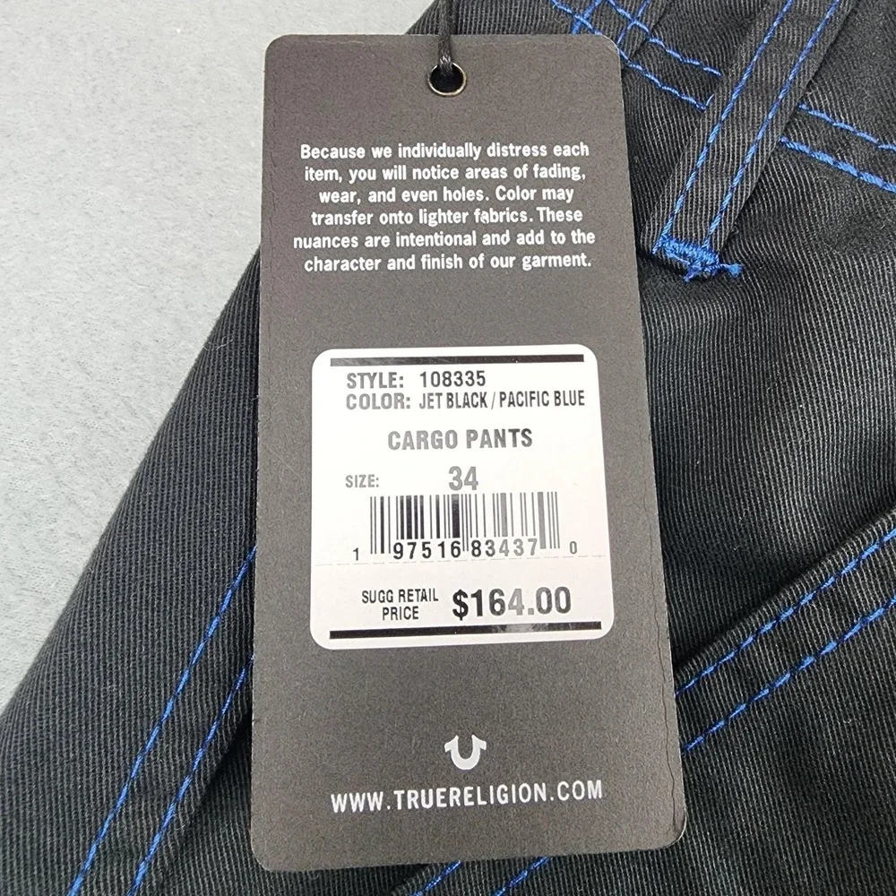 True Religion Cargo Pants Mens 34x31 Black Blue Stitch Canvas Utility Pockets